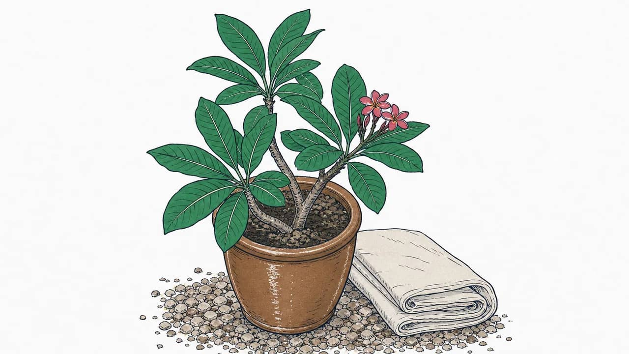 Eine Plumeria mit glänzenden Blättern in einem glasierten Terrakottatopf auf Kies, ein zusammengelegtes Frosttuch daneben.