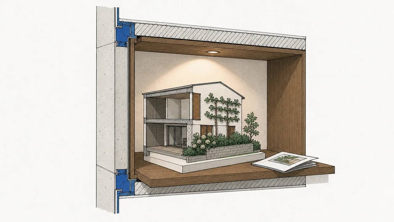 Eine eingebaute Wandnische mit einem beleuchteten Architekturmodellhaus auf einem Sockel und einem gefalteten Faltblatt daneben.
