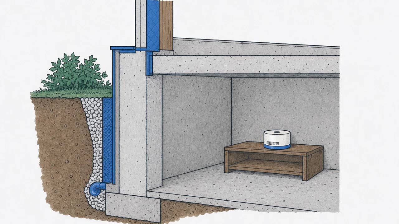 Schnitt durch eine Untergeschoss-Ecke mit einem auf einem niedrigen Holzbrett stehenden Radondosimeter vor einer Betonwand.