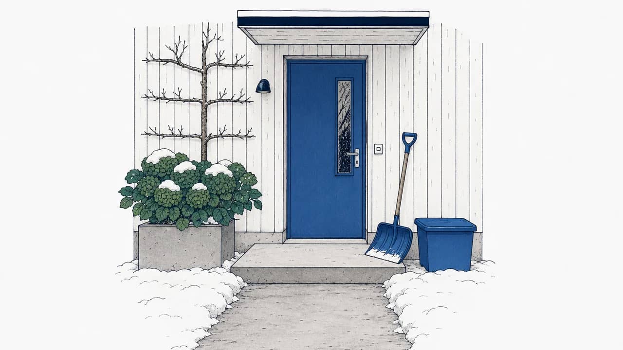 Ein freigeräumter Hauseingang mit einer Schneeschaufel, die an einer Holzfassade lehnt, und einem Streugutkübel daneben.
