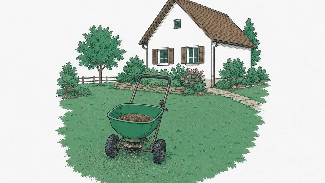 Ein rotary lawn spreader, der Granulat über einen kleinen Rasen vor einem Giebeldach verteilt.