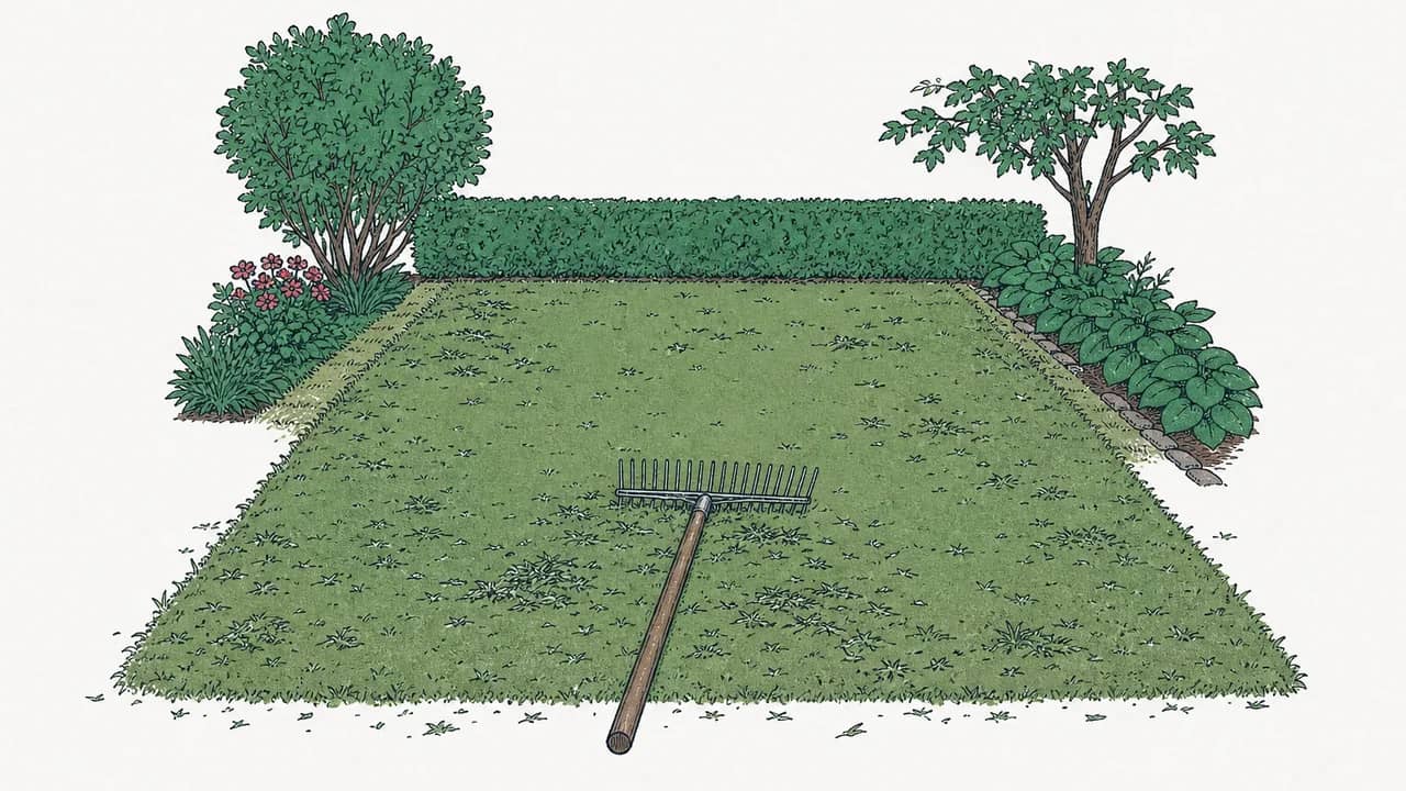 Ein metal lawn rake liegt auf einem frisch gerechten rechteckigen Rasen mit verstreuten Grasschnittstücken.