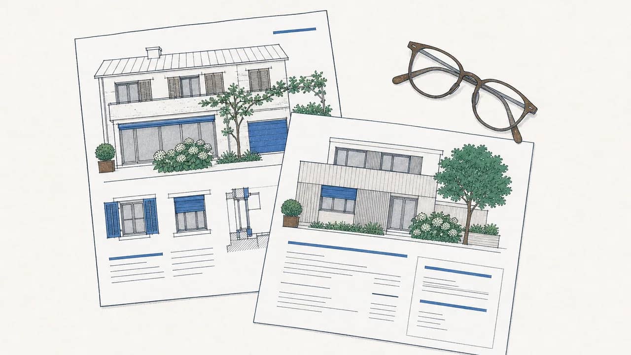 Aufsicht auf ein Offertblatt für Fassade und Fenster, ein konkurrierendes Kreditangebot und eine Lesebrille.