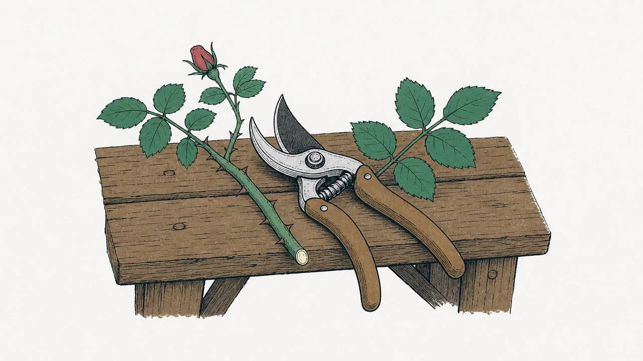 Scharfe Bypass-Gartenschere auf einer Holzbank, neben einem frisch abgeschnittenen Rosentrieb liegend.