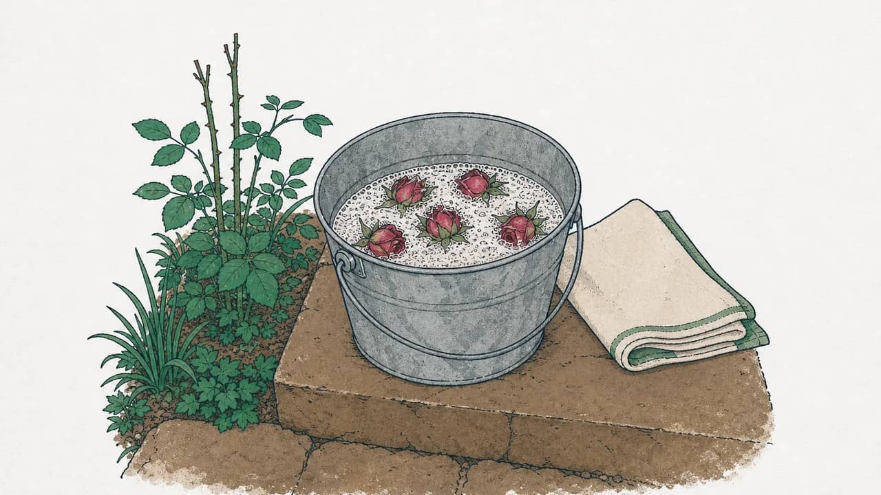 Ein verzinkter Eimer halbvoll mit Seifenwasser und verwelkten Rosenköpfen darin, neben einem gefalteten Gartentuch auf einem Steintritt.