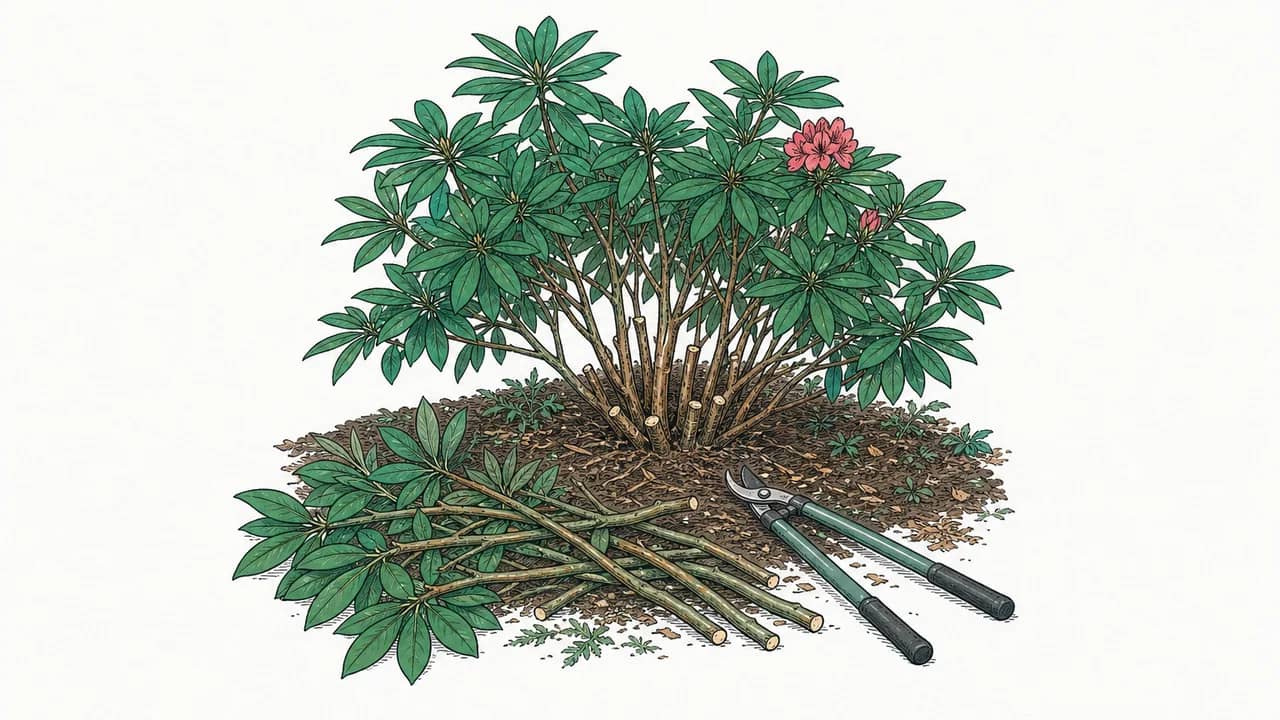 Ein Rhododendronstrauch mit mehreren frisch abgeschnittenen Zweigen am Boden und einer Amboss- bzw. Bypass-Gartenschere daneben.