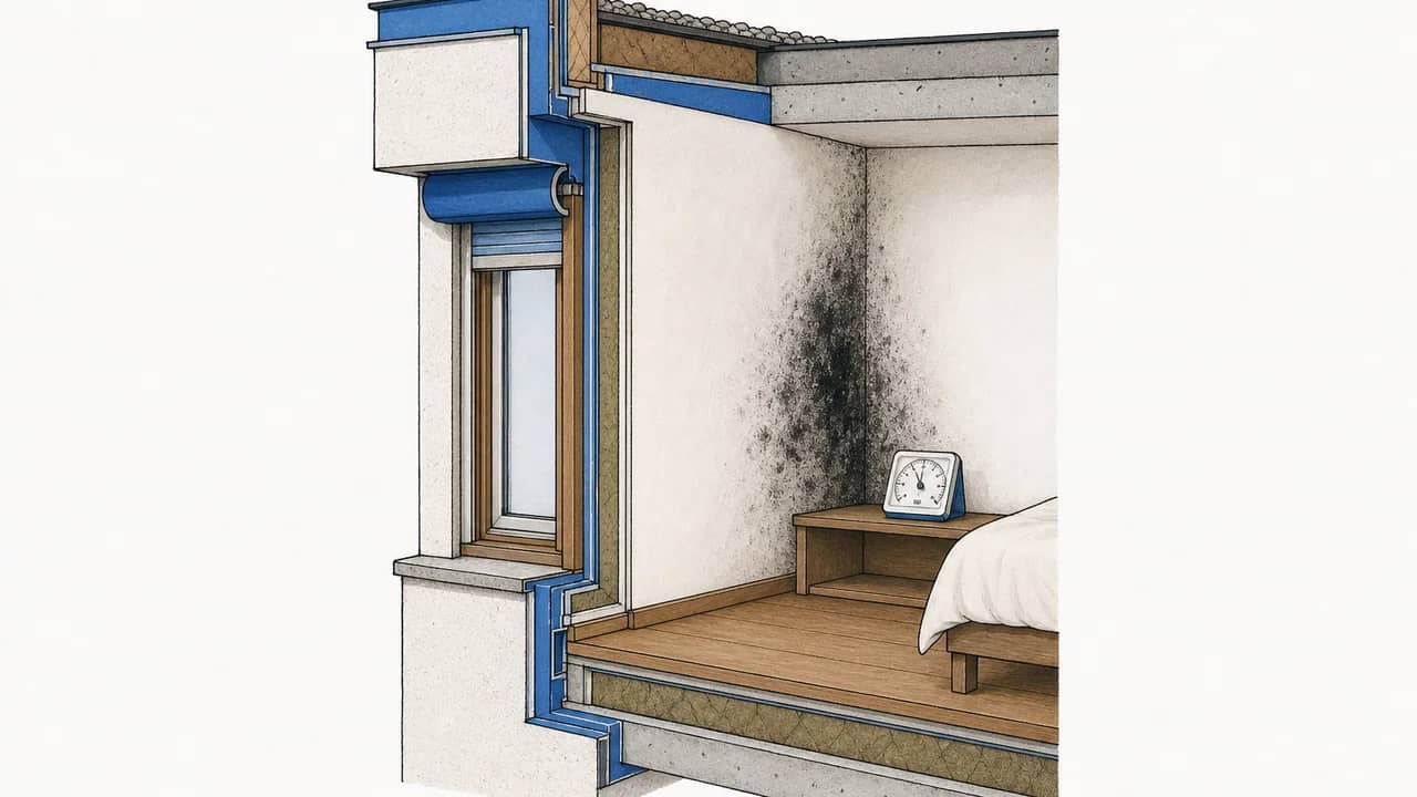 Schnitt durch eine Schlafzimmer-Ecke an der Aussenwand mit schwarzem Schimmelfleck und einem auf einem niedrigen Regal stehenden Thermo-Hygrometer.