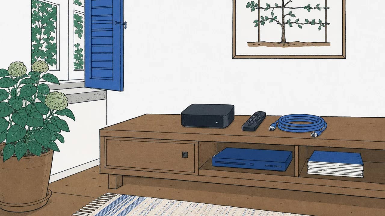eine Streaming-Media-Box auf einem niedrigen Holz-Medienmöbel mit einer Fernbedienung und einem zusammengerollten Ethernetkabel daneben.
