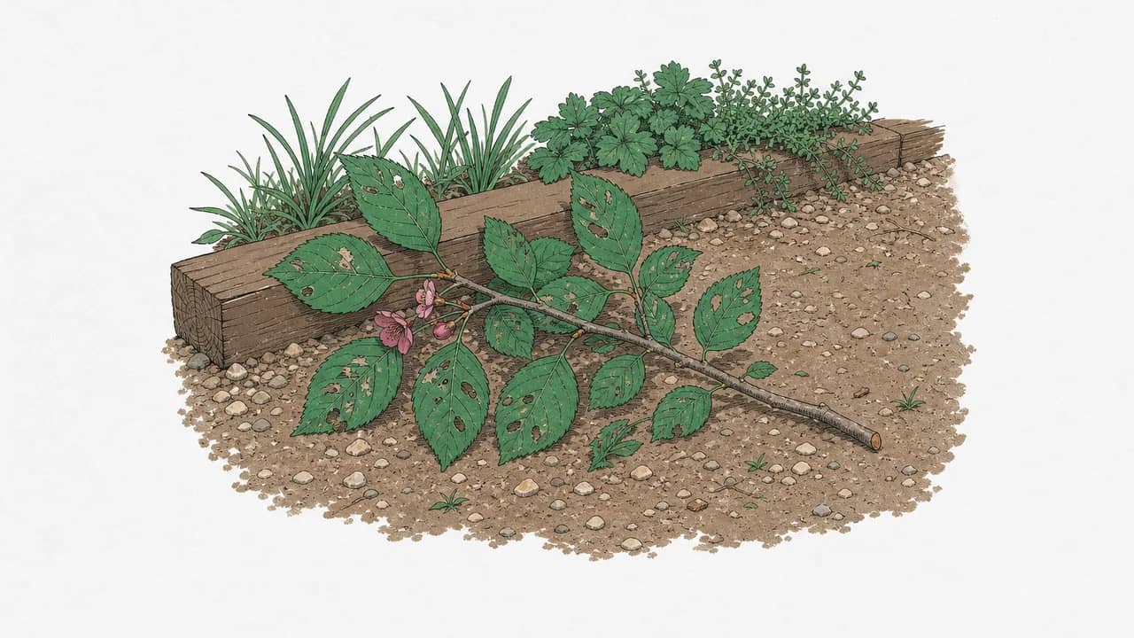 Ein Obstkirschzweig mit verstreuten schrotschussbefallenen Blättern liegt auf einem mit Holz eingefassten Gartenweg.