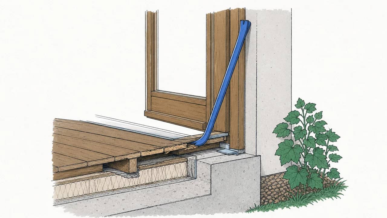 ein aufgebrochener Schwellenbereich eines nicht bewilligten Holzwintergartens und ein Brecheisen, das an der Rahmenkante lehnt.