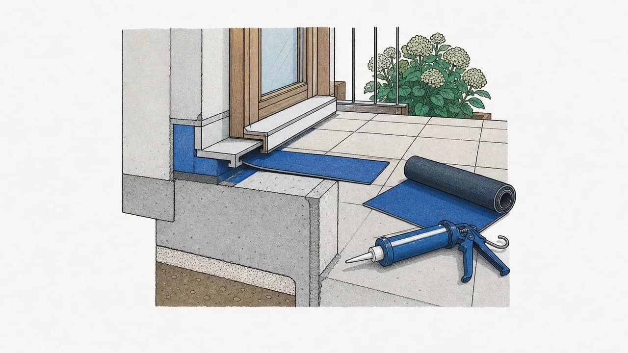 eine Balkon-Schwelle, unter die eine Abdichtungsbahn geschoben wird, sowie eine gefaltete Bitumenrolle und eine Kartuschenpistole daneben.