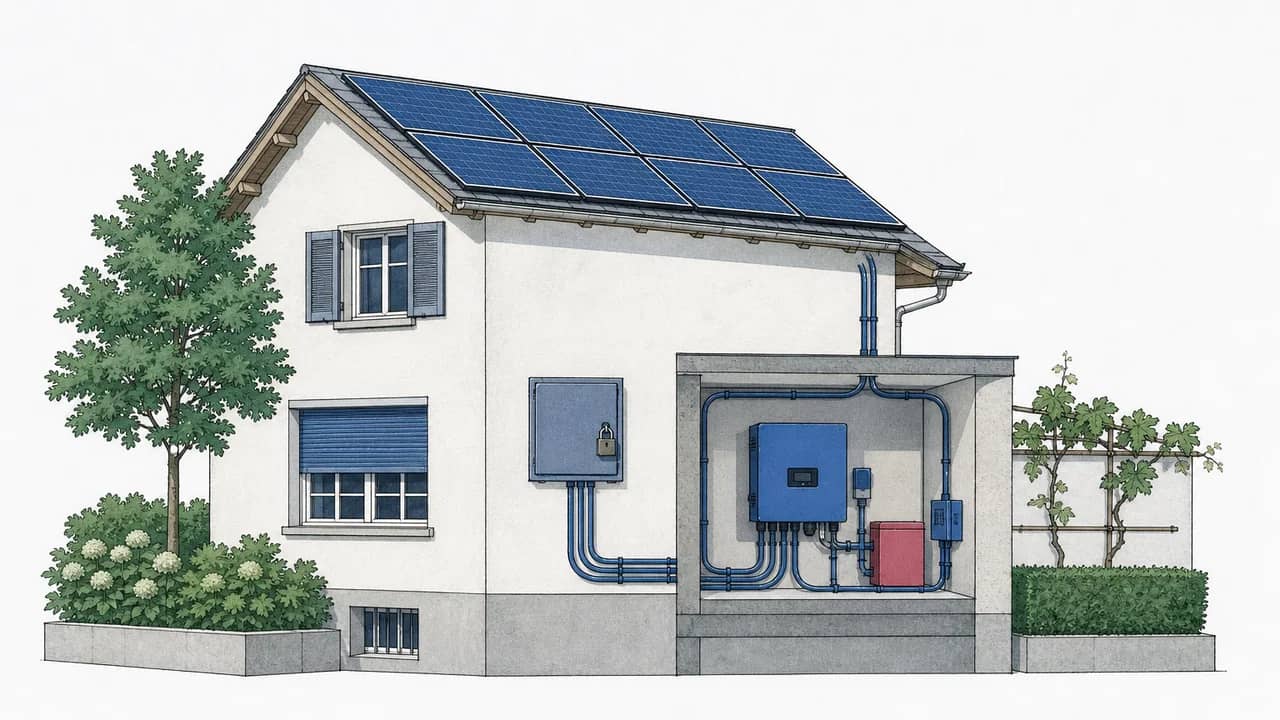 Eine Reihe installierter Solarmodule am Dachrand mit einer geschlossenen Serviceklappe, einem Vorhängeschloss und gebündelten Kabelrohren.