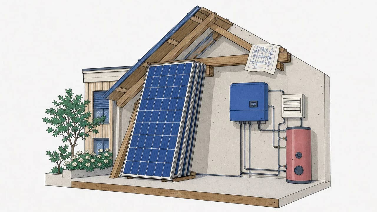 Ein Stapel Solarmodule lehnt an den Dachbalken des Dachstocks, ein Raster-Layout und eine gefaltete Bewilligungszeichnung auf dem Balken.