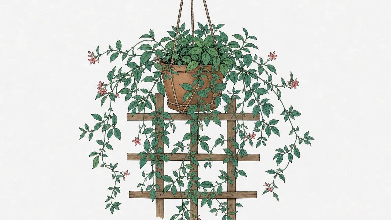Ein Sommerjasmin (Solanum jasminoides) in einem Terrakotta-Hängekorb, seine langen Triebe hängen über einen kleinen Holzspalier.