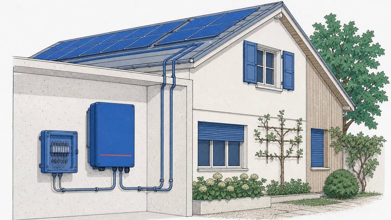 Ein an der Wand montierter Photovoltaik-Wechselrichter im Hauswirtschaftsraum, daneben eine DC-Kombibox und zwei Kabelrohre zu einem Ost‑West‑Satteldachmodell.