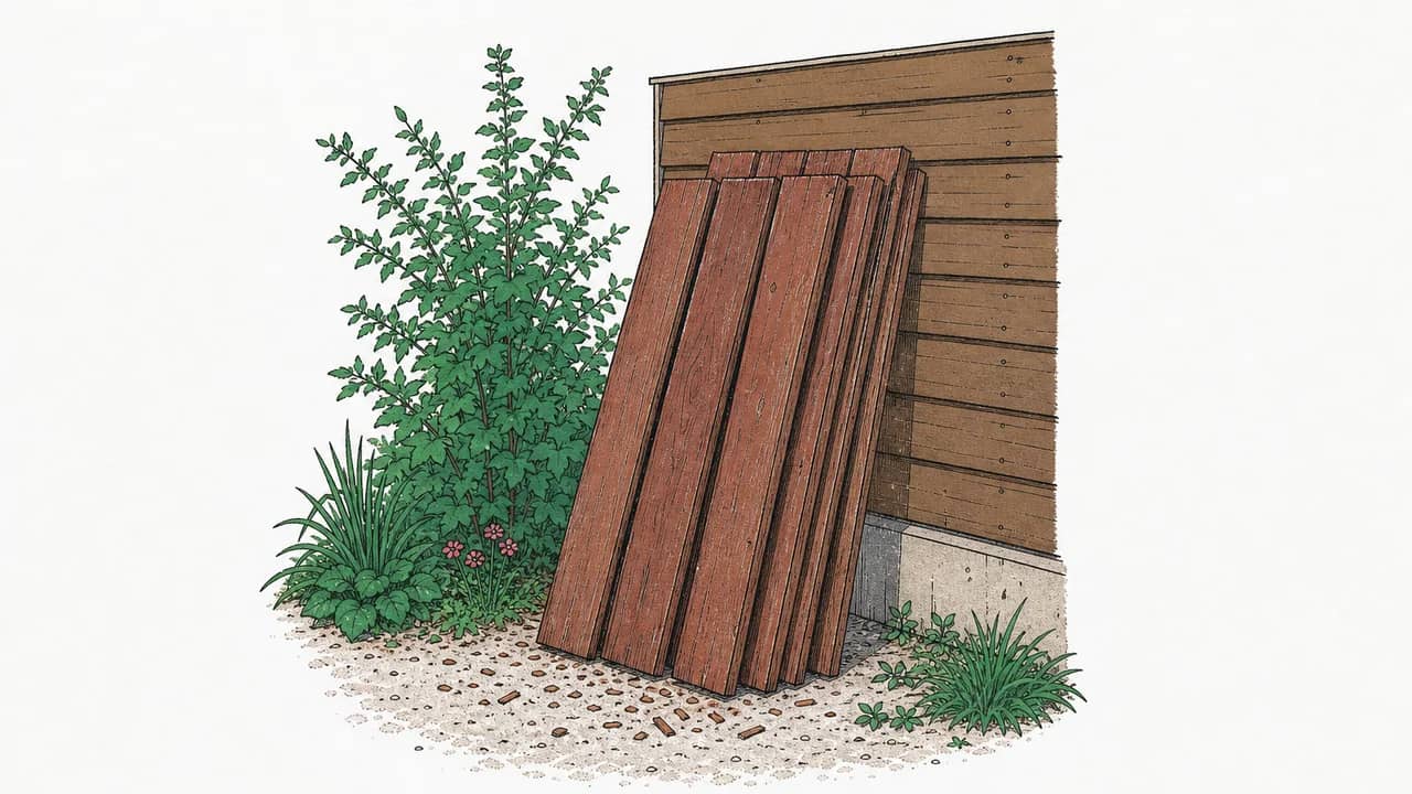 Ein Stapel rötlicher Stausee-Terrassendielen lehnt an einer holzverkleideten Wand, daneben verstreute Holzspäne auf dem Boden.