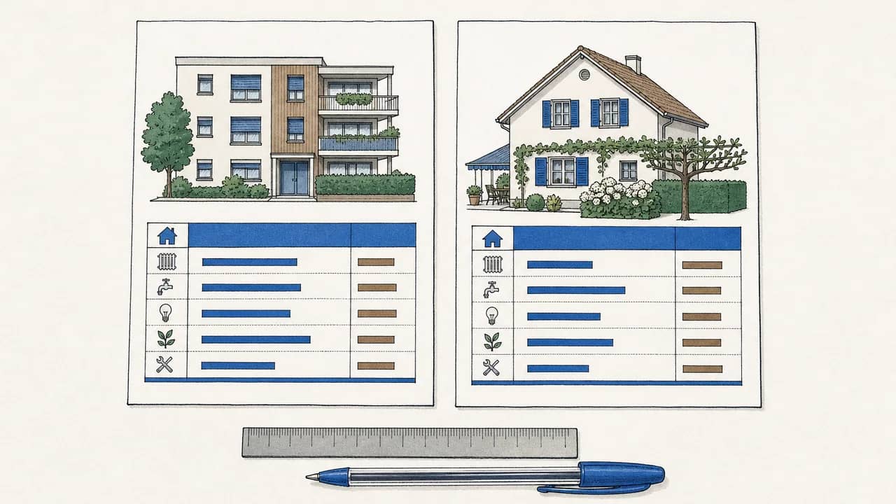 Zwei Monatskostenübersichten mit den Titeln «Wohnung» und «Haus» liegen nebeneinander, dazu ein kleines Metalllineal und ein mit Kappe versehener blauer Kugelschreiber.