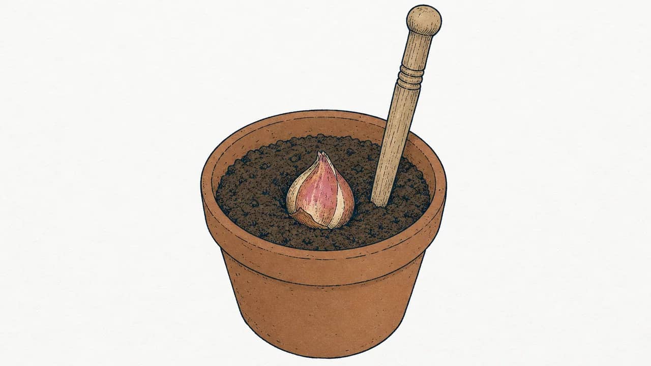 In einem kleinen Terrakottopf steckt eine halb gesetzte Tulpenzwiebel, in die Erde gesteckt ist ein hölzernes Pflanzholz.