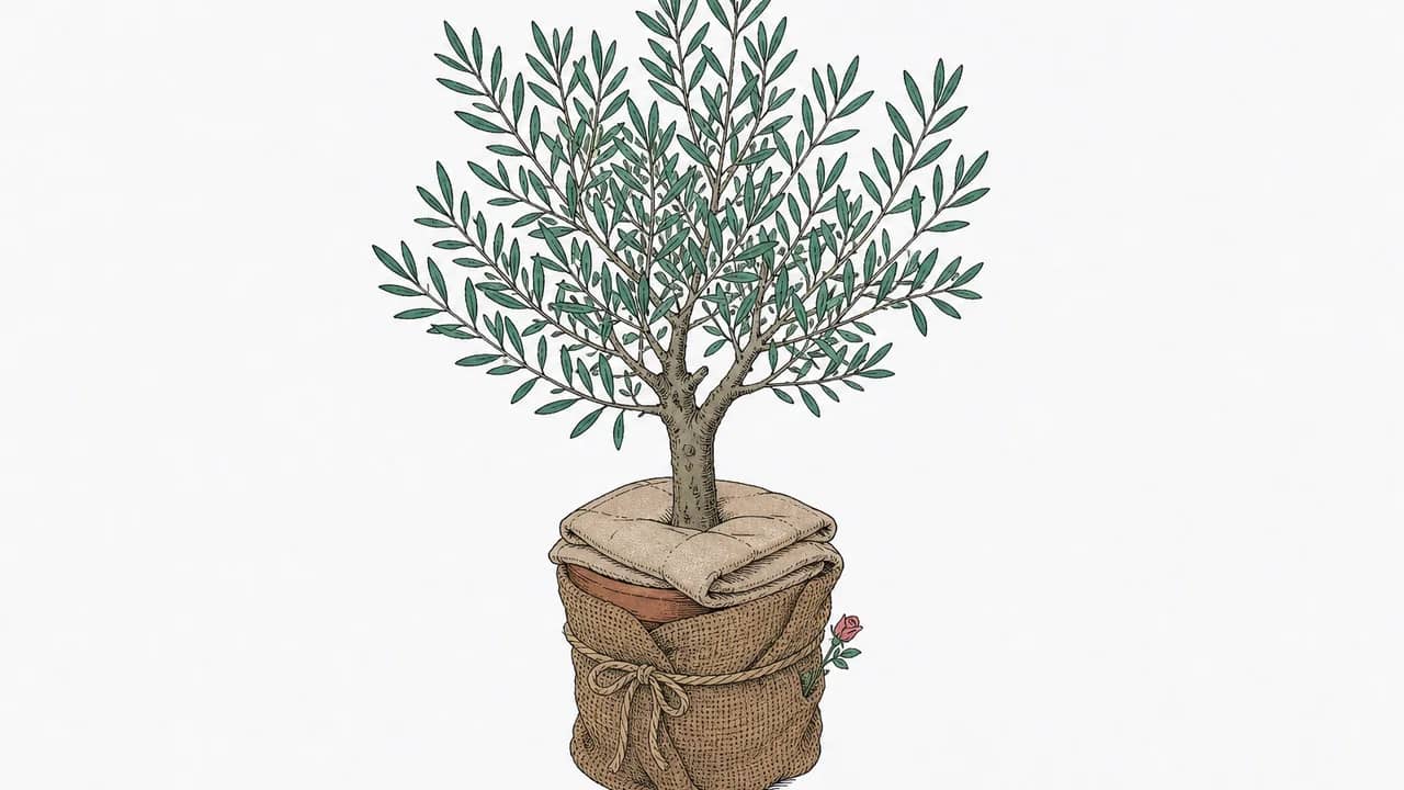 Ein Olivenbaum in einem Terrakottatopf, in Jute-Sackleinen verpackt, mit einer gefalteten Frostschutzfolie obenauf.