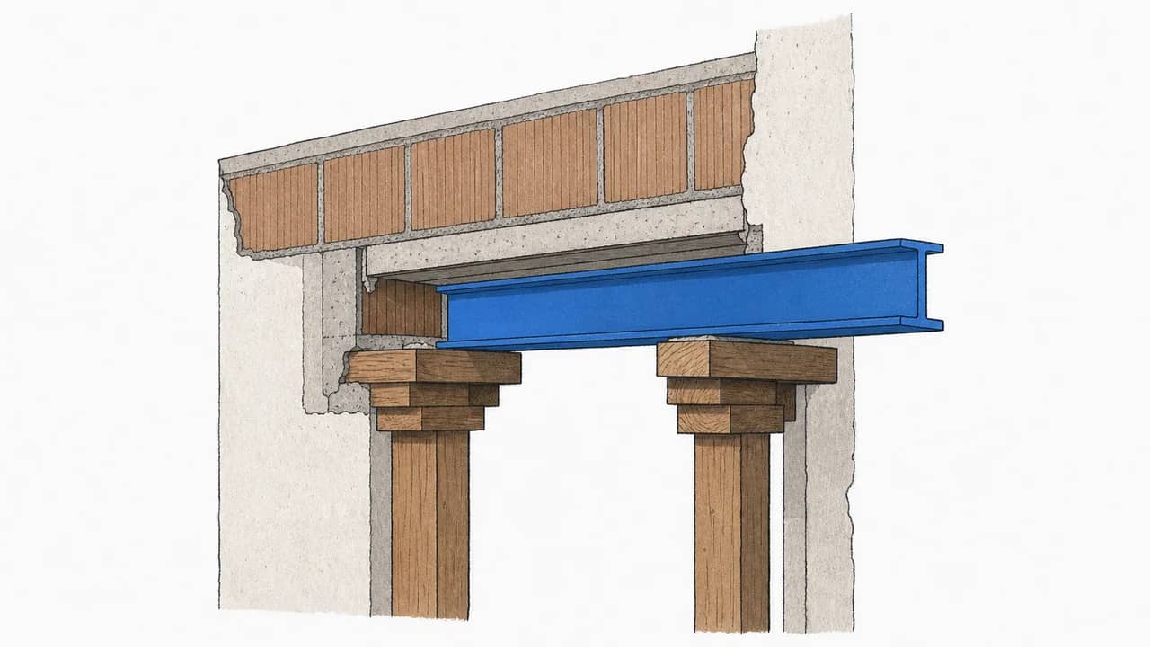 Zu sehen ist ein Türsturz, ein neuer Stahlträger, der auf temporären Holzstützen eingeschoben wird.