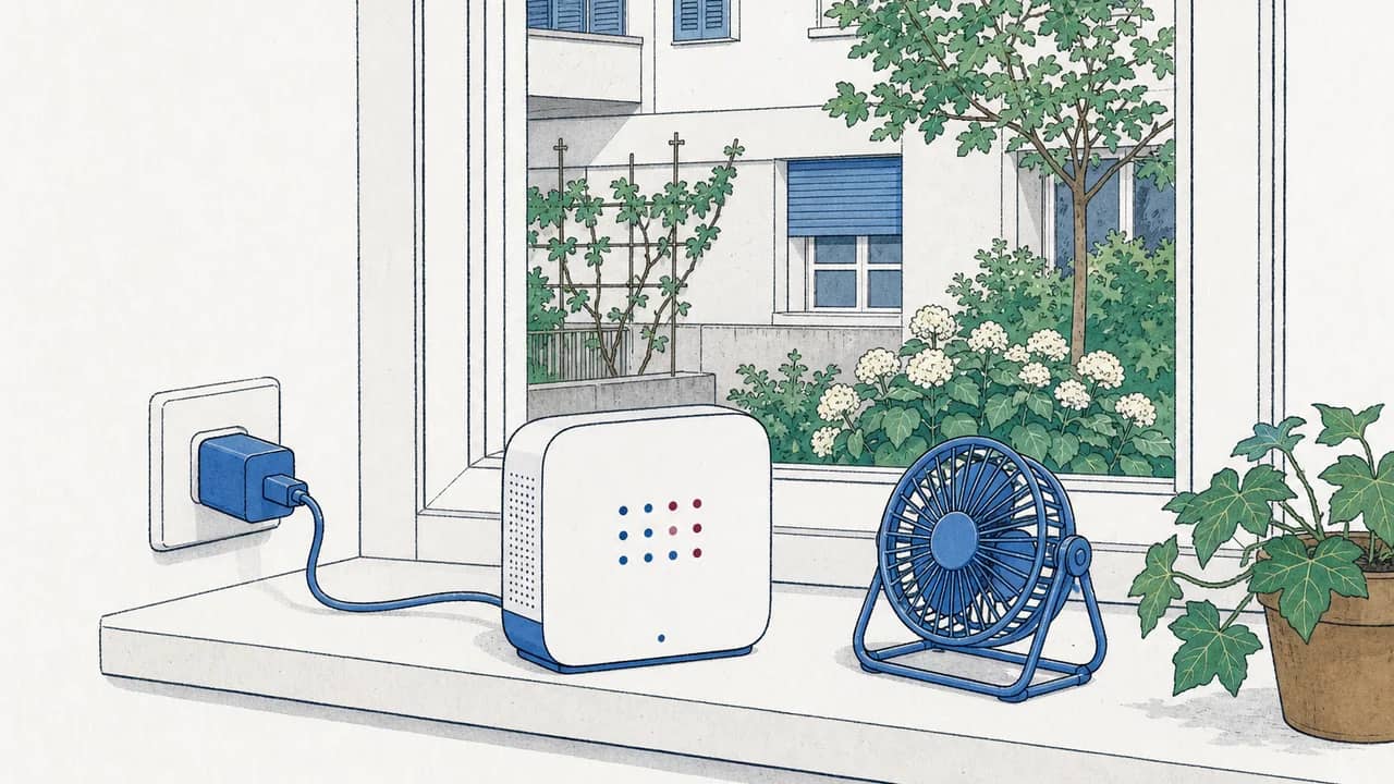 Ein kompakter Raumluftqualitätssensor auf der Fensterbank mit USB-Netzteil und einem kleinen Tischventilator daneben.