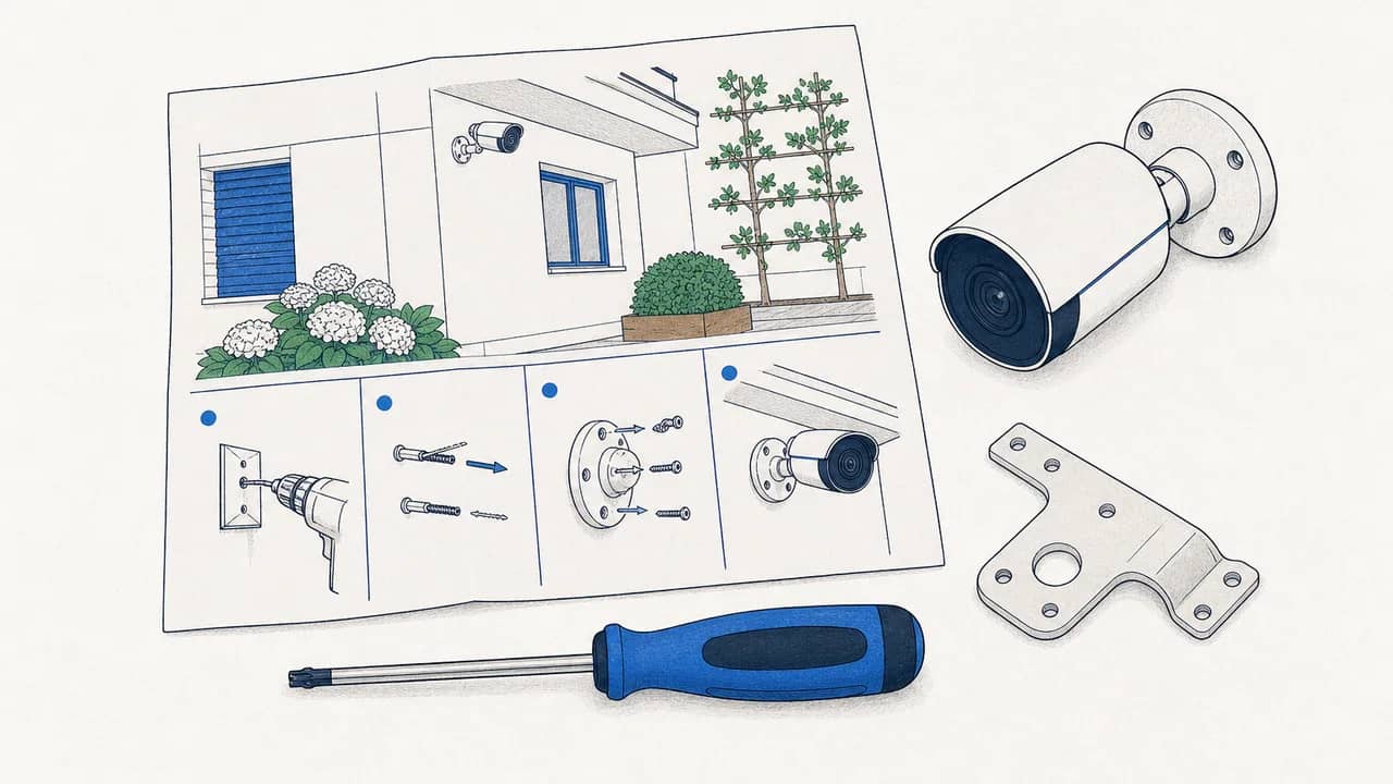 Vogelperspektive auf ein Installationsblatt für eine Überwachungskamera, einen Torx-Schraubendreher und eine abgenommene Metall-Montagehalterung auf einem Tisch.
