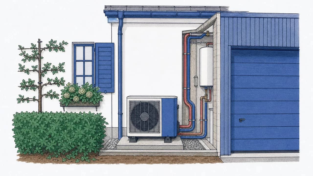 Ein Aussen-Luft-Wärmepumpen-Aussengerät in einer schmalen Nische zwischen Wand und Garage auf Betonplatte mit isolierten Kältemittelleitungen.