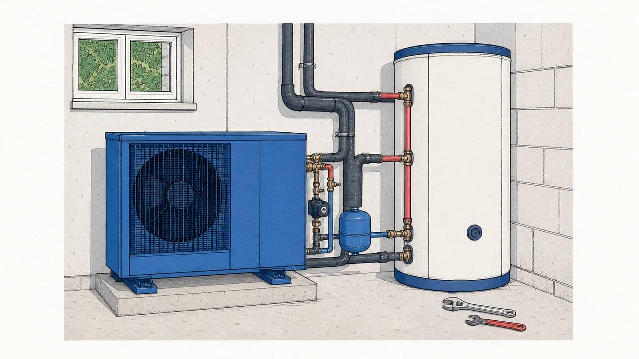 Ein Luft-Wasser-Hydraulikaggregat im Keller, angeschlossen an einen isolierten Heizwasserbehälter, mit zwei Schraubenschlüsseln daneben.