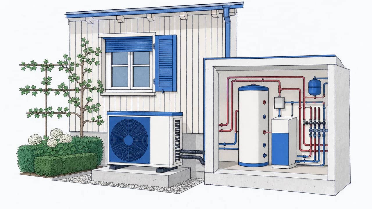 Ein Aussengerät-Kompressor der Luft-Wärmepumpe steht auf einem erhöhten Betonpodest unter einem Holzverkleidungsfenster, mit isolierten Kälteleitungen und einem Schallmessgerät.
