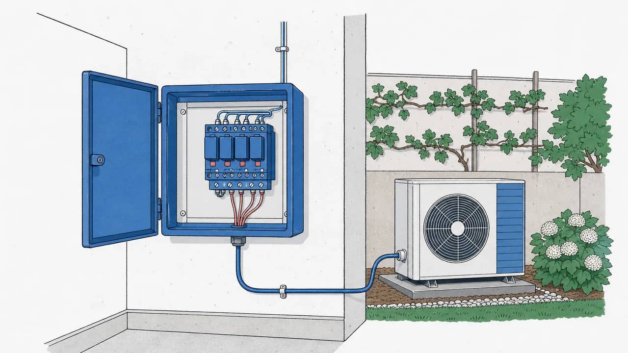 Ein an der Wand montierter Rundsteuerempfänger-Verteilkasten im Hauswirtschaftsraum, mit sichtbarem Relaismodul und einem Steuerkabel zur Wärmepumpe.