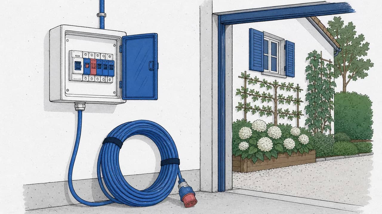 Eine Garagen-Unterverteilung mit neuer RCBO-Sicherungsgruppe und einer aufgerollten dreissig-Meter-Zuleitung, die an der Wand lehnt.