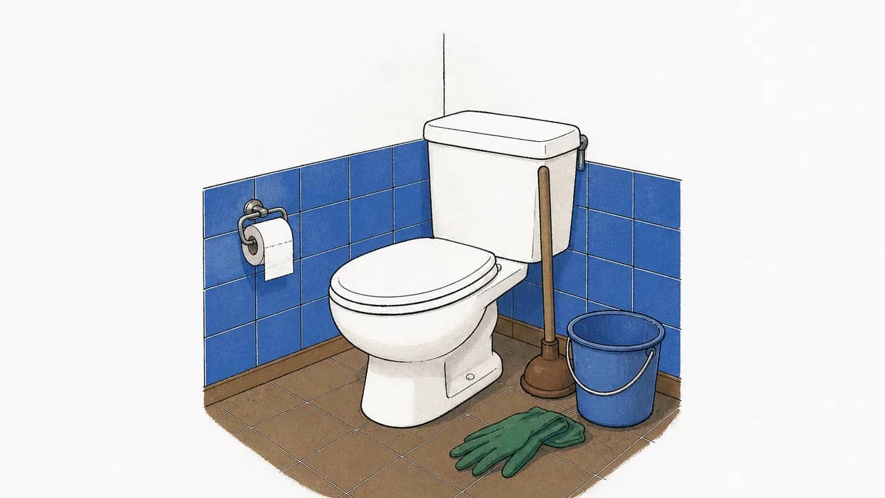 In einer Badezimmerecke steht eine Porzellantoilette, ein Pömpel lehnt am Spülkasten, ein Eimer und zusammengelegte Gummihandschuhe liegen auf dem gefliesten Boden.