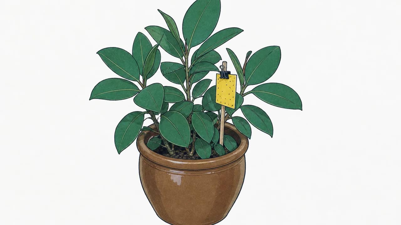 In einem glasierten Tontopf steht eine Gummibaum-Pflanze mit einer gelben Haftfalle, die an einem Holzpfahl befestigt ist.
