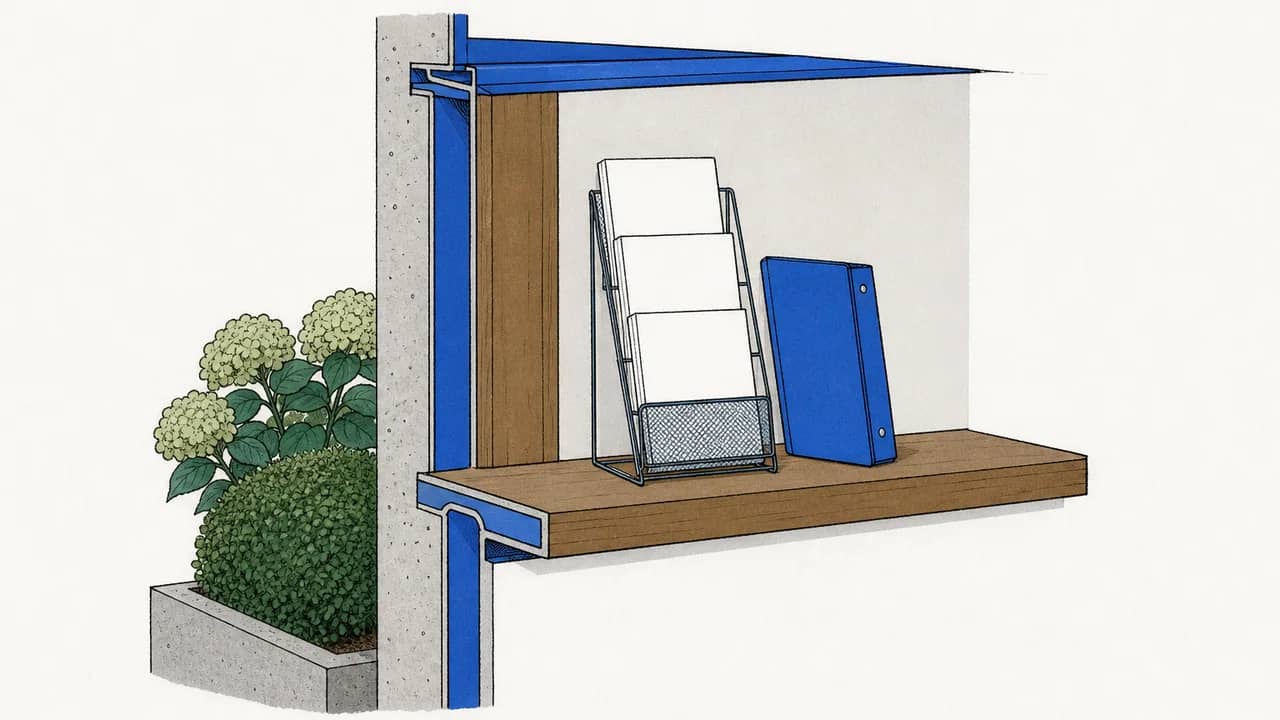 Eine entrance reception shelf mit einem freestanding metal brochure rack mit blank leaflets und einem closed ring binder, der dagegen lehnt.