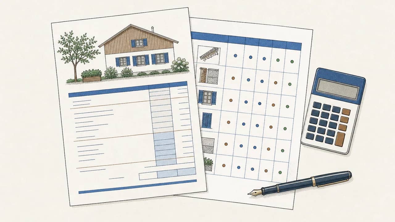 Draufsicht auf eine Handwerkerrechnung, ein Kostenaufteilungs-Rasterblatt, einen Füllfederhalter, einen Taschenrechner auf einem Tisch.