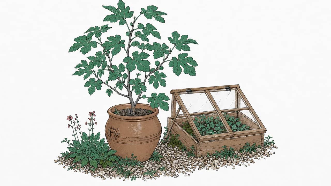 Ein Feigenbaum in einem grossen glasierten Terrakottentopf auf Kies mit einem angelehnten hölzernen Kaltrahmen daneben.