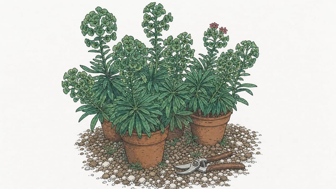 Eine Gruppe Euphorbia characias in Terrakottatöpfen auf Kies mit einer daneben liegenden Gartenschere.