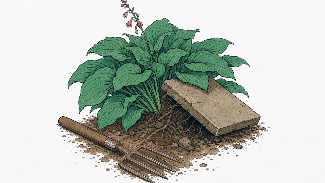 Eine kräftige Hostapflanze, die einen Pflasterstein anhebt, und eine rostige Gartenforke auf der Erde.