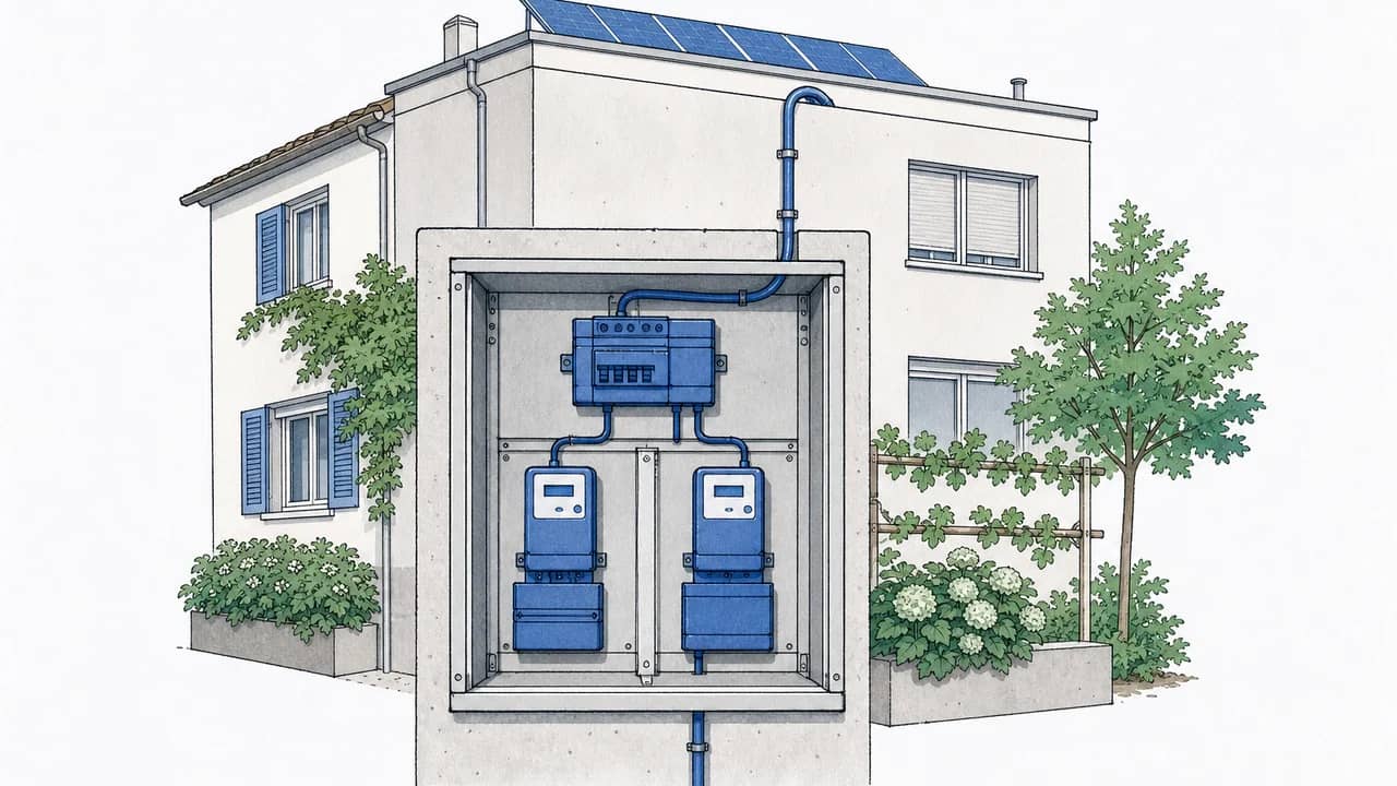 Ein gemeinsamer Zählerkasten in einem Mehrfamilienhaus mit der AC-Zuleitung vom Dachwechselrichter und zwei sichtbaren Wohnungszählern.
