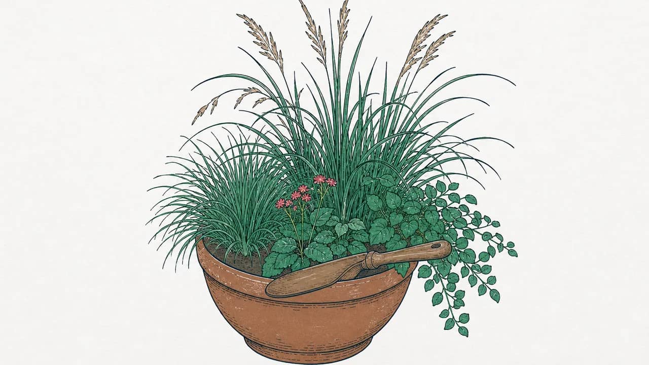 ornamentale Gräser in einem glasierten Terrakottatopf, eine hölzerne Kelle ruht quer auf dem Topfrand