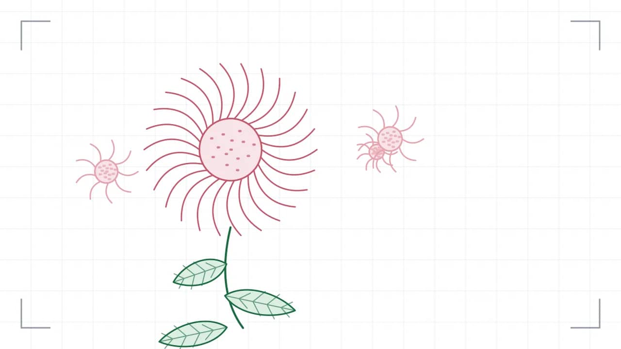 Nahsicht auf eine Korbblüte: 26 Zungenblüten stehen strahlenförmig um eine gepunktete Röhrenmitte. Der Stiel führt nach unten aus dem Bild, daran sitzen grosse Blätter mit sichtbaren Adern; seitlich stehen drei kleinere Blüten.