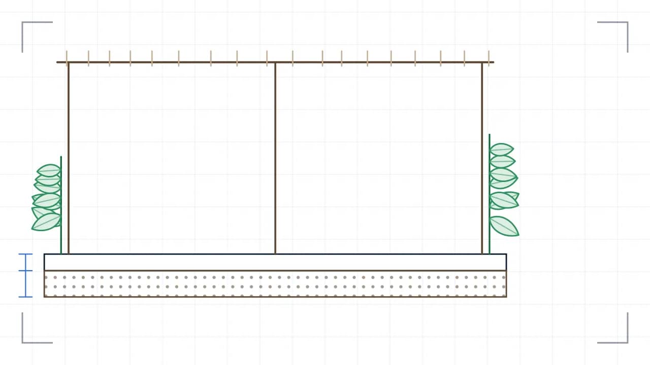 Schnitt durch einen Sitzplatz, mit einer Pergola auf Pfosten: unter der Deckschicht liegen zwei Aufbaulagen mit unterschiedlicher Schraffur, links bemessen. Bepflanzung ist keine gezeichnet.