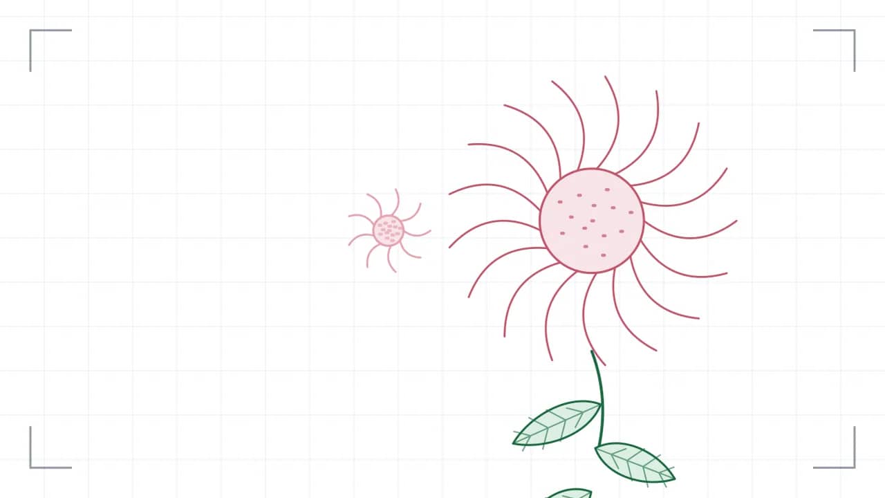 Nahsicht auf eine Korbblüte: siebzehn Zungenblüten stehen strahlenförmig um eine gepunktete Röhrenmitte. Der Stiel führt nach unten aus dem Bild, daran sitzen grosse Blätter mit sichtbaren Adern; seitlich stehen ein kleinere Blüten.