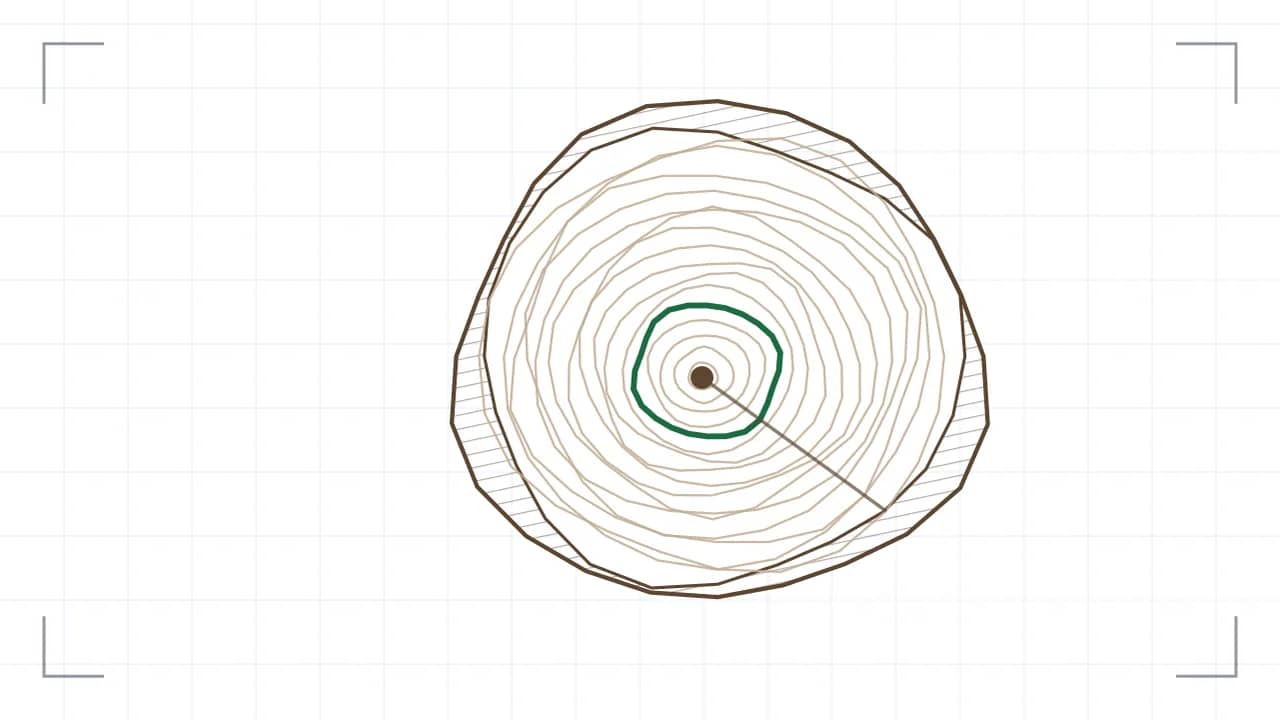 Stammquerschnitt mit Jahresringen: neun unrunde Ringe liegen um ein exzentrisch sitzendes Mark, ein besonders breiter Ring ist grün hervorgehoben. Aussen liegt die schraffierte Rinde, ein radialer Riss läuft vom Mark nach aussen.