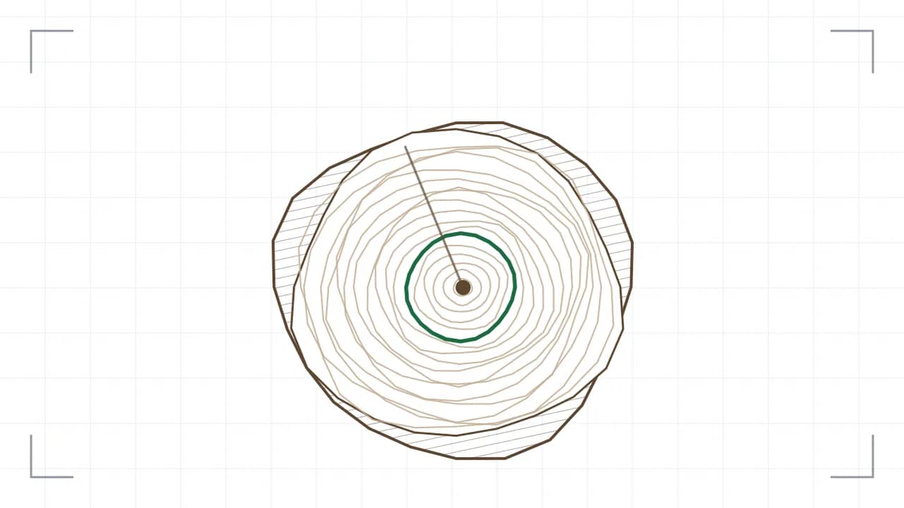 Stammquerschnitt mit Jahresringen: neun unrunde Ringe liegen um ein exzentrisch sitzendes Mark, ein besonders breiter Ring ist grün hervorgehoben. Aussen liegt die schraffierte Rinde, ein radialer Riss läuft vom Mark nach aussen.