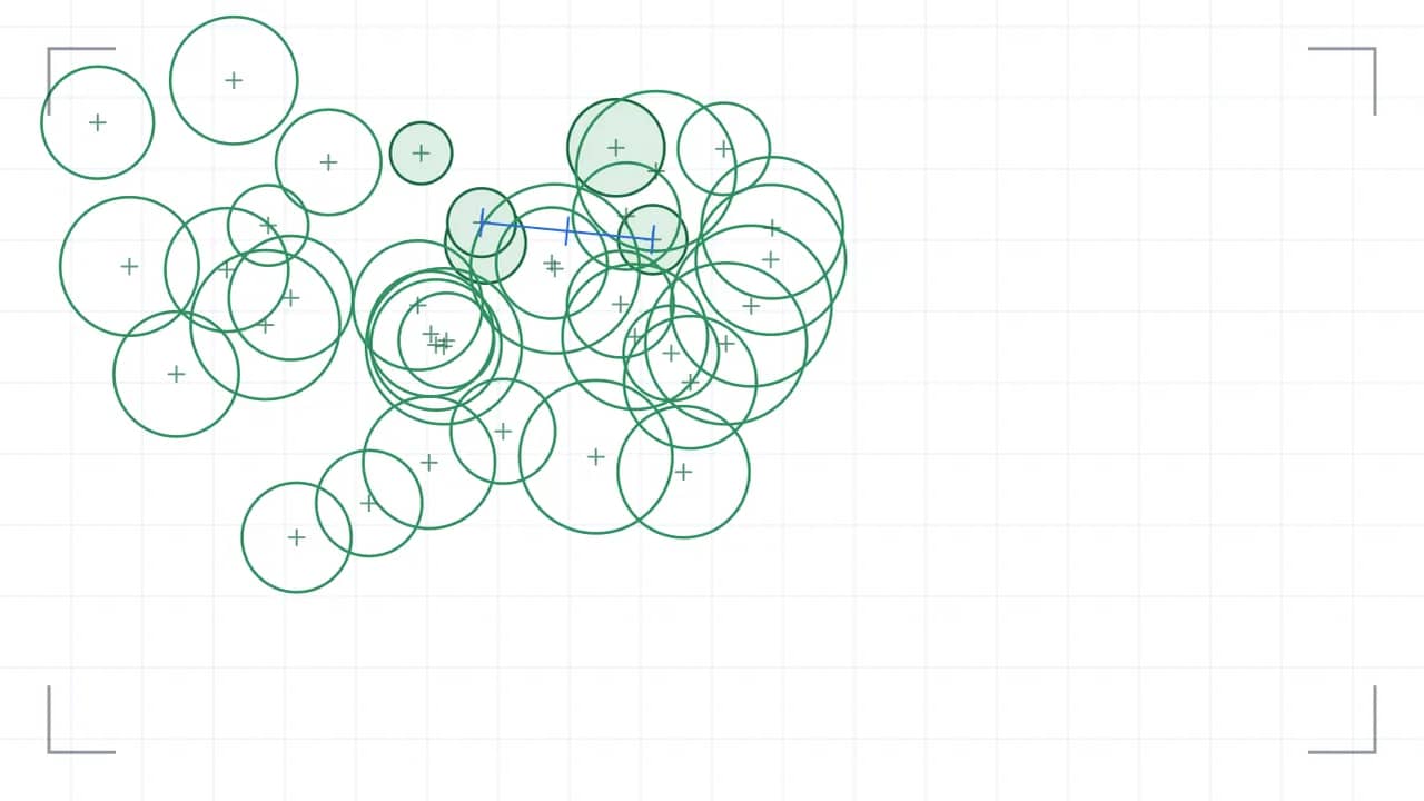 Pflanzplan in der Aufsicht: 31 Pflanzstellen als Kreise mit Kreuz, deren Radius den Platzbedarf der ausgewachsenen Pflanze zeigt, zusammengefasst in fünf Gruppen unterschiedlicher Dichte. Zwischen zwei Stellen ist der Pflanzabstand bemessen.