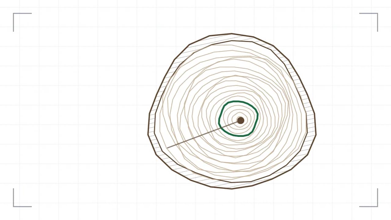 Stammquerschnitt mit Jahresringen: zehn unrunde Ringe liegen um ein exzentrisch sitzendes Mark, ein besonders breiter Ring ist grün hervorgehoben. Aussen liegt die schraffierte Rinde, ein radialer Riss läuft vom Mark nach aussen.