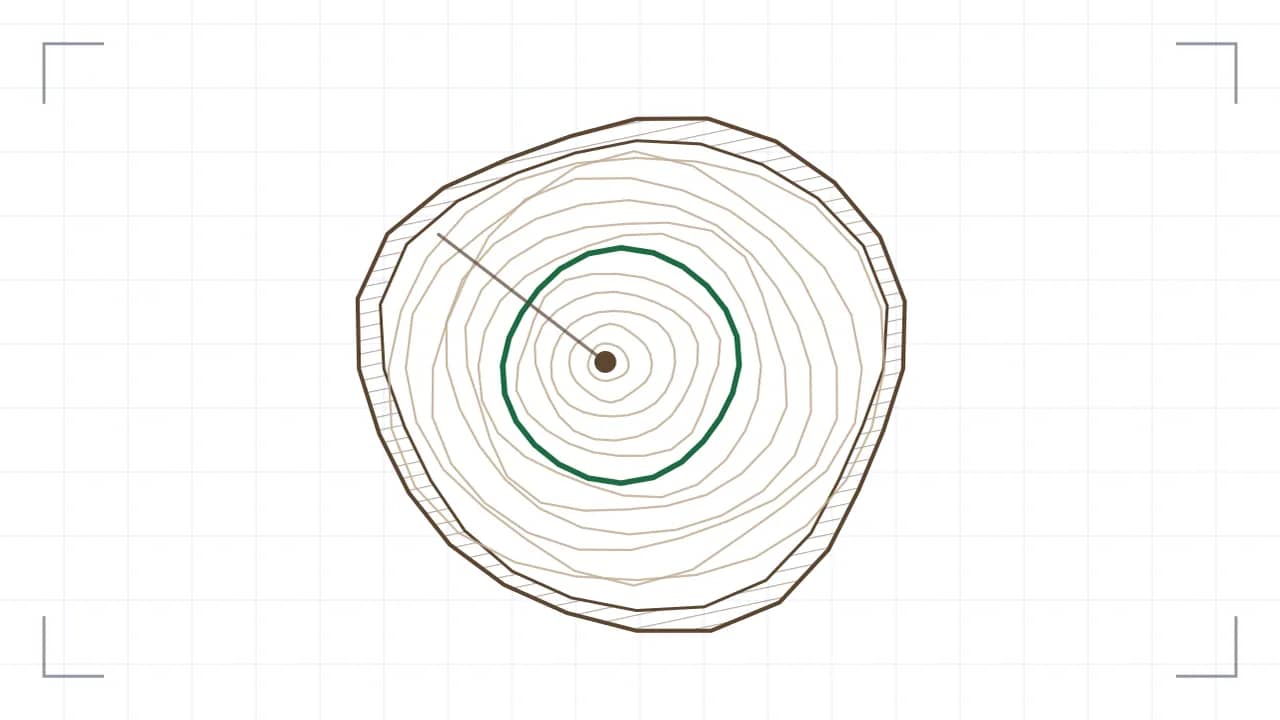 Stammquerschnitt mit Jahresringen: sieben unrunde Ringe liegen um ein exzentrisch sitzendes Mark, ein besonders breiter Ring ist grün hervorgehoben. Aussen liegt die schraffierte Rinde, ein radialer Riss läuft vom Mark nach aussen.