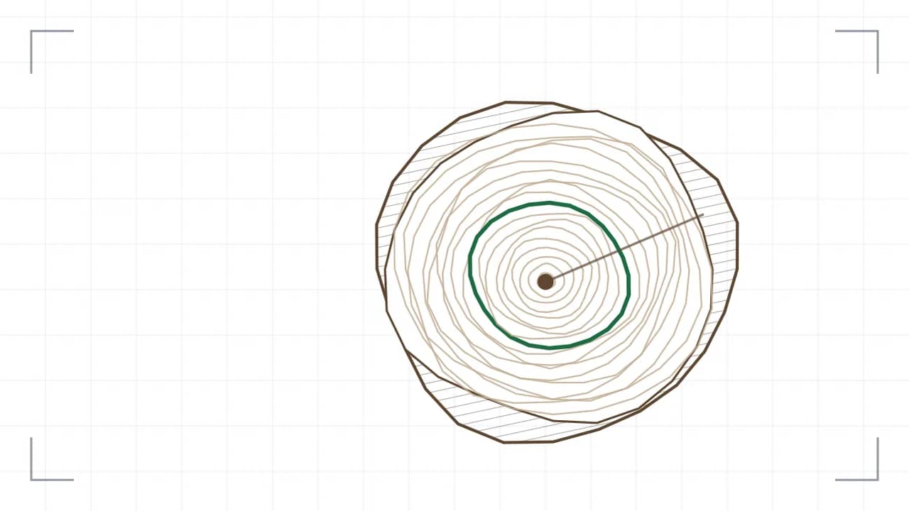 Stammquerschnitt mit Jahresringen: neun unrunde Ringe liegen um ein exzentrisch sitzendes Mark, ein besonders breiter Ring ist grün hervorgehoben. Aussen liegt die schraffierte Rinde, ein radialer Riss läuft vom Mark nach aussen.