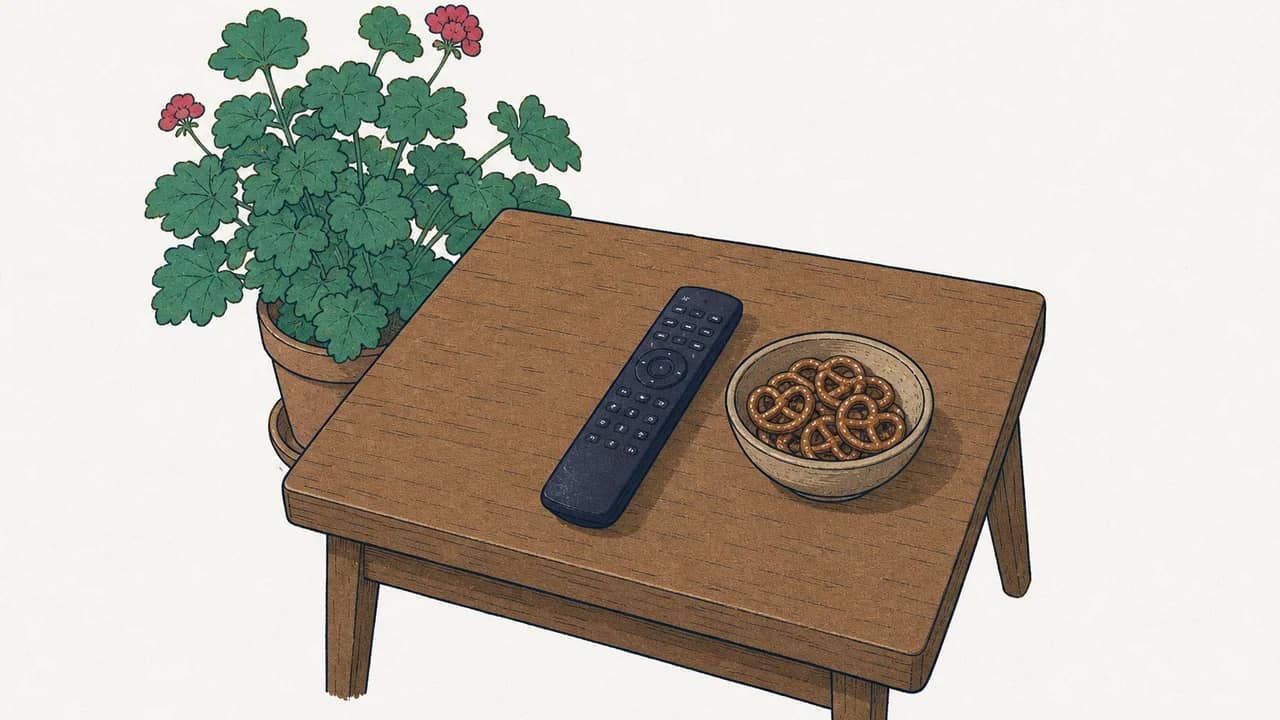 Eine schlanke Fernbedienung auf einem timbertisch-Couchtisch und eine kleine Schale mit Salzbrezeln daneben.